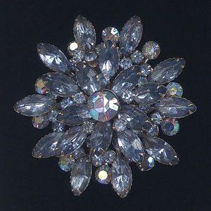 Vintage Light Blue Aurora Borealis Swarovski Crystal Showy Flower Brooch
